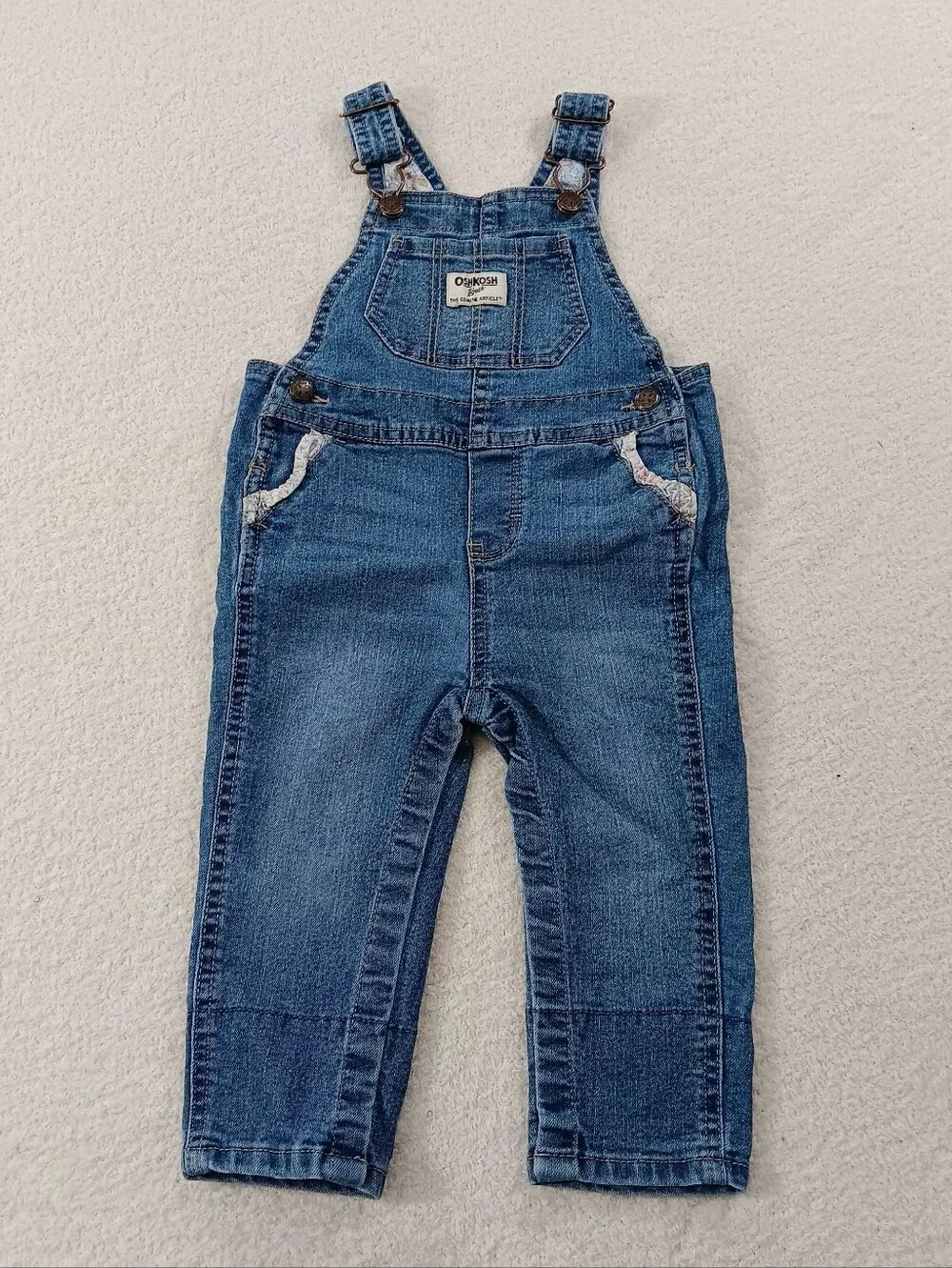 OshKosh B'Gosh Baby Girl Floral Trim Denim Overalls - 12M VGUC